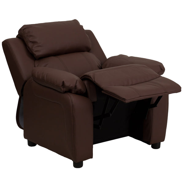 Brown LeatherSoft |#| Deluxe Padded Contemporary Brown LeatherSoft Kids Recliner with Storage Arms