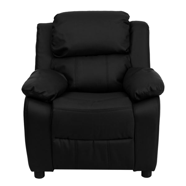 Black LeatherSoft |#| Deluxe Padded Contemporary Black LeatherSoft Kids Recliner with Storage Arms