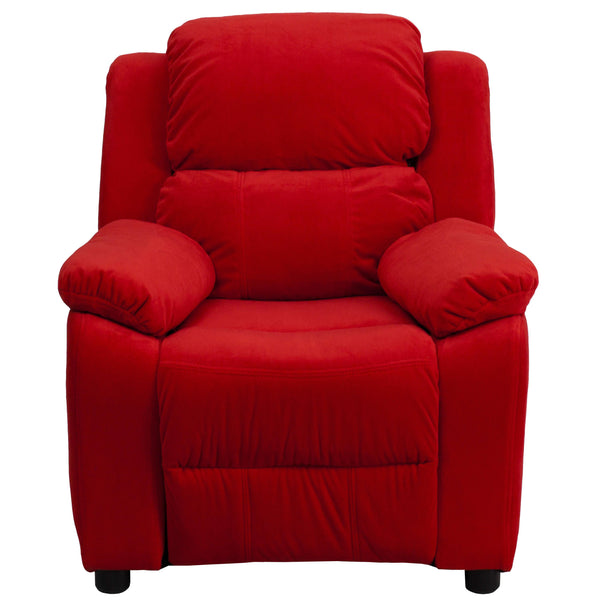 Red Microfiber |#| Deluxe Padded Contemporary Red Microfiber Kids Recliner with Storage Arms