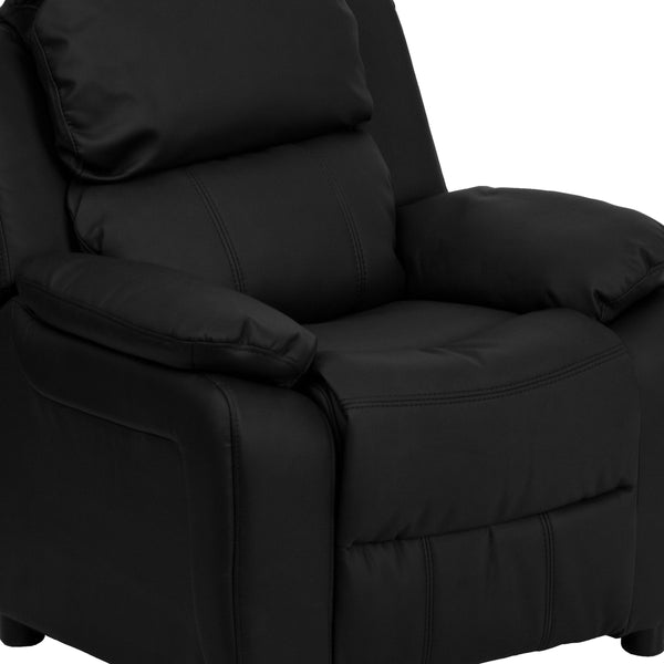 Black LeatherSoft |#| Deluxe Padded Contemporary Black LeatherSoft Kids Recliner with Storage Arms