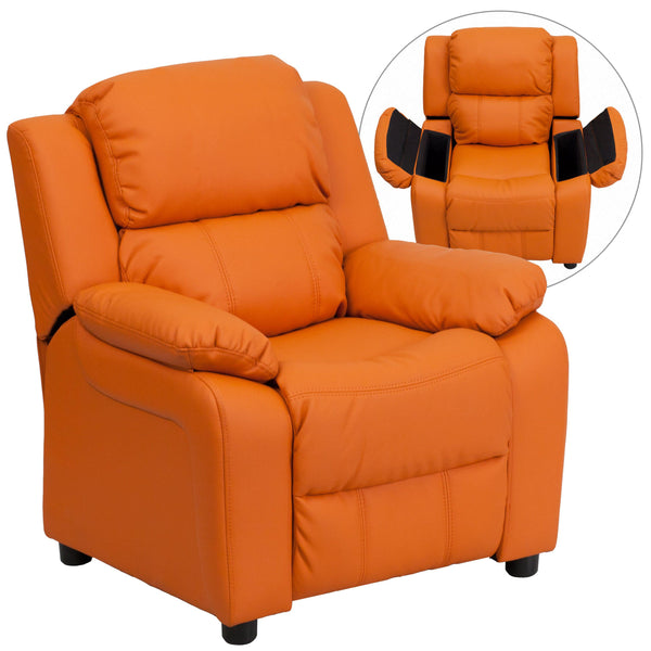 Orange Vinyl |#| Deluxe Padded Contemporary Orange Vinyl Kids Recliner with Storage Arms