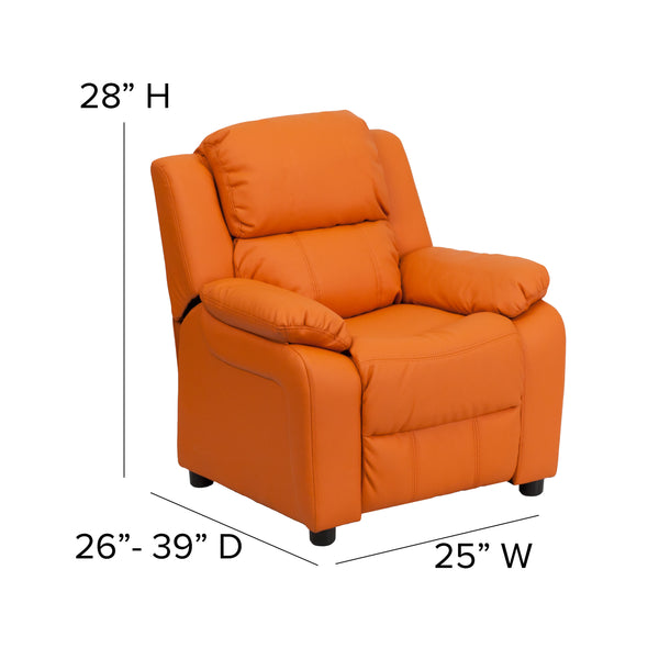 Orange Vinyl |#| Deluxe Padded Contemporary Orange Vinyl Kids Recliner with Storage Arms