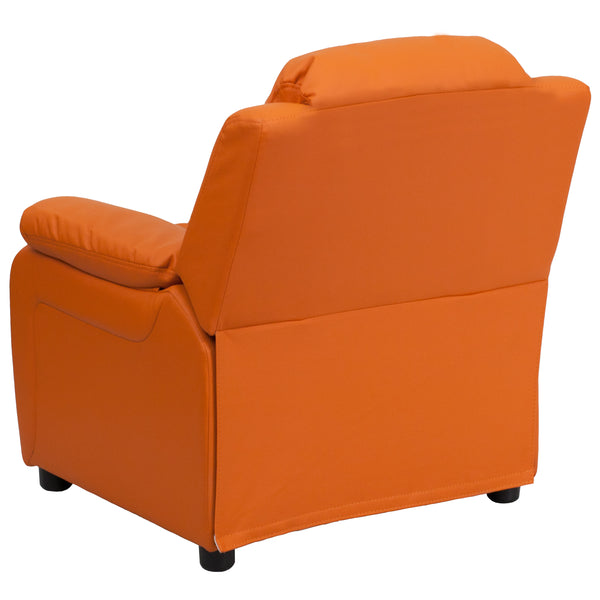 Orange Vinyl |#| Deluxe Padded Contemporary Orange Vinyl Kids Recliner with Storage Arms