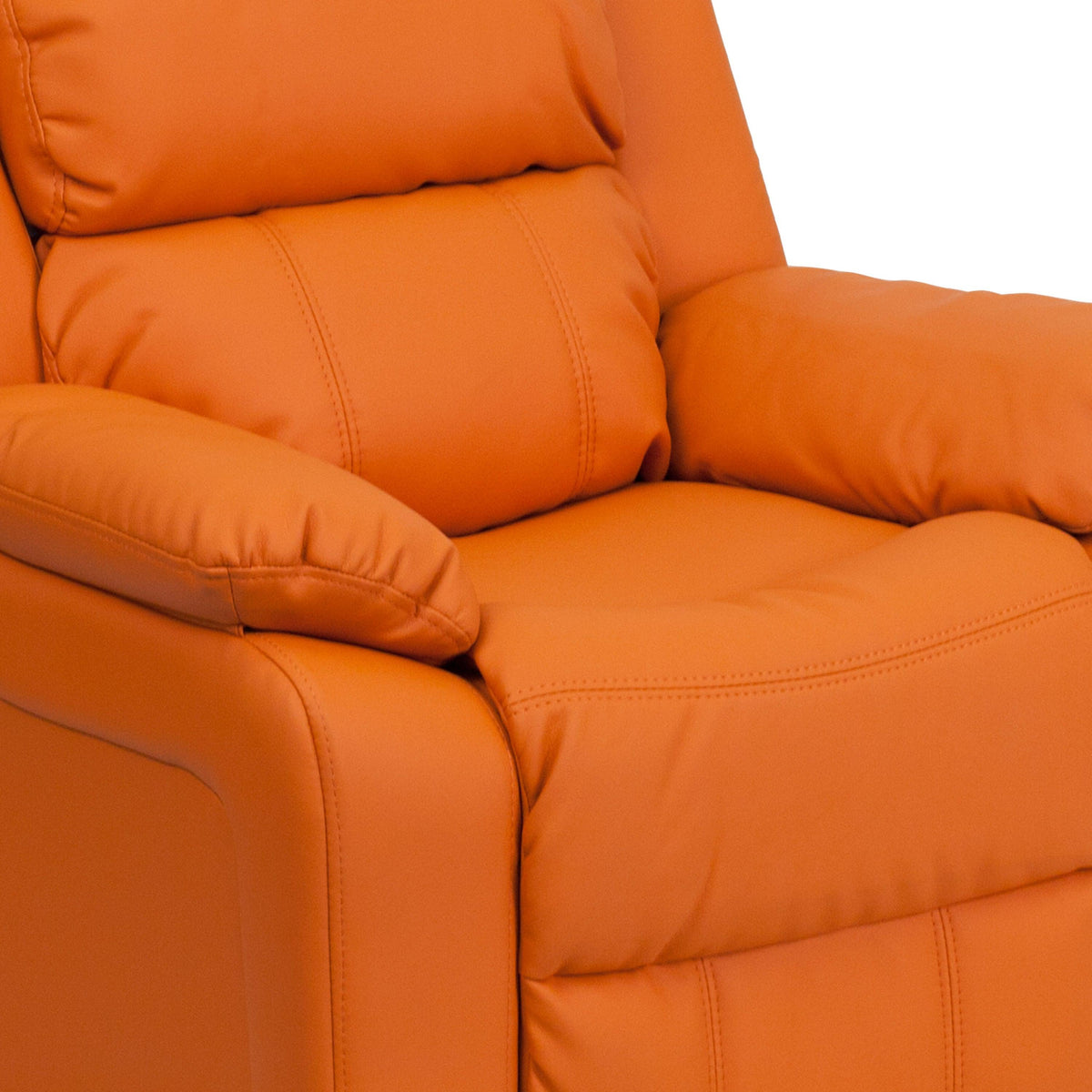 Orange Vinyl |#| Deluxe Padded Contemporary Orange Vinyl Kids Recliner with Storage Arms