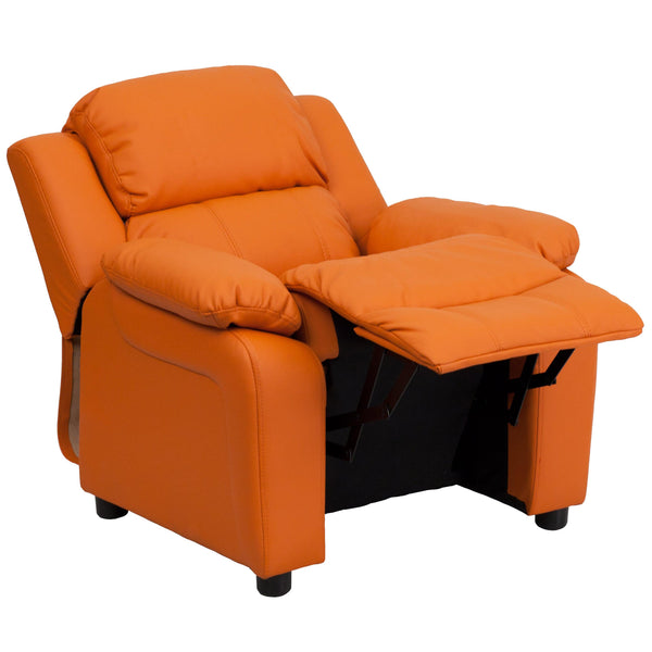 Blue Vinyl |#| Deluxe Padded Contemporary Blue Vinyl Kids Recliner with Storage Arms