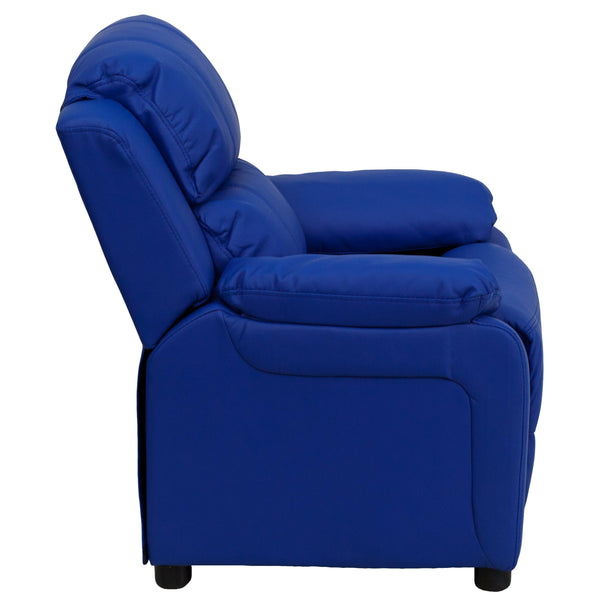 Blue Vinyl |#| Deluxe Padded Contemporary Blue Vinyl Kids Recliner with Storage Arms