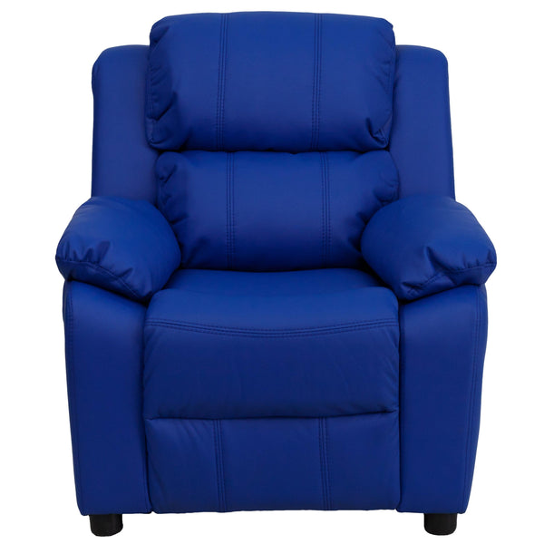 Blue Vinyl |#| Deluxe Padded Contemporary Blue Vinyl Kids Recliner with Storage Arms