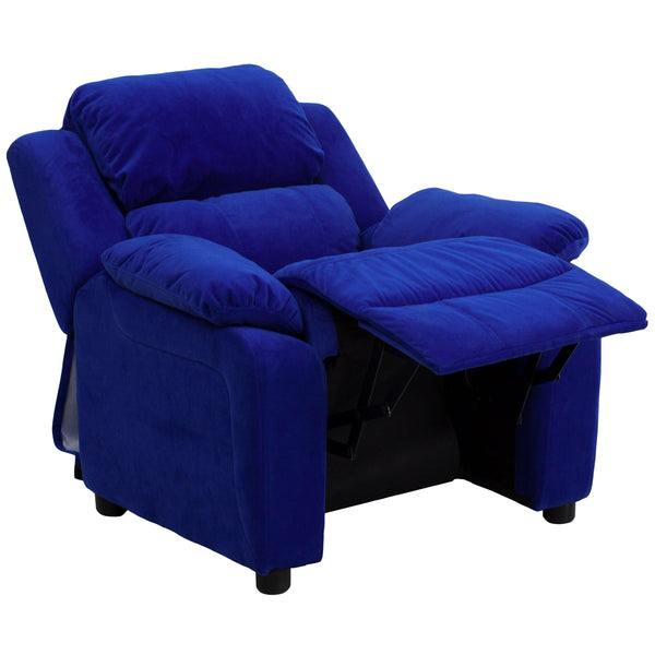 Avocado Microfiber |#| Deluxe Padded Contemporary Avocado Microfiber Kids Recliner with Storage Arms