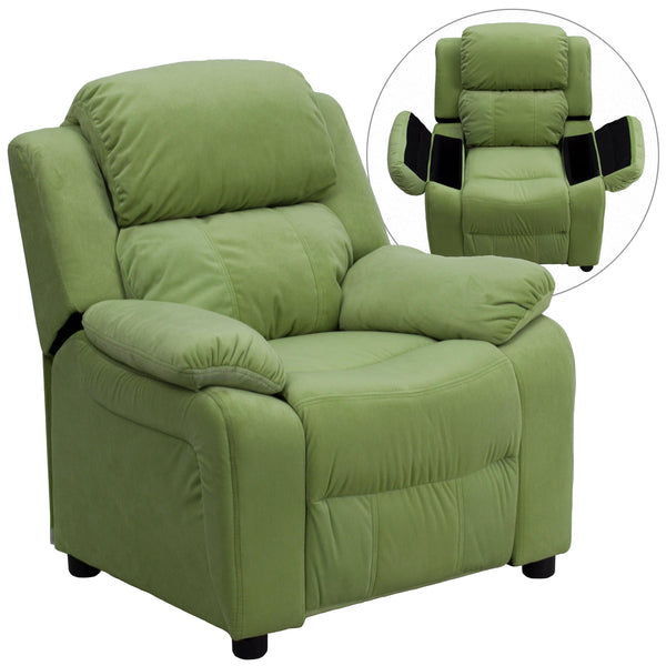 Avocado Microfiber |#| Deluxe Padded Contemporary Avocado Microfiber Kids Recliner with Storage Arms