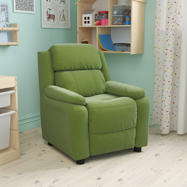 Avocado Microfiber |#| Deluxe Padded Contemporary Avocado Microfiber Kids Recliner with Storage Arms