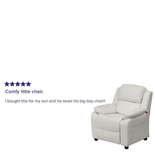 White Vinyl |#| Deluxe Padded Contemporary White Vinyl Kids Recliner with Storage Arms