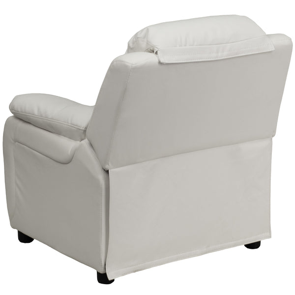 White Vinyl |#| Deluxe Padded Contemporary White Vinyl Kids Recliner with Storage Arms