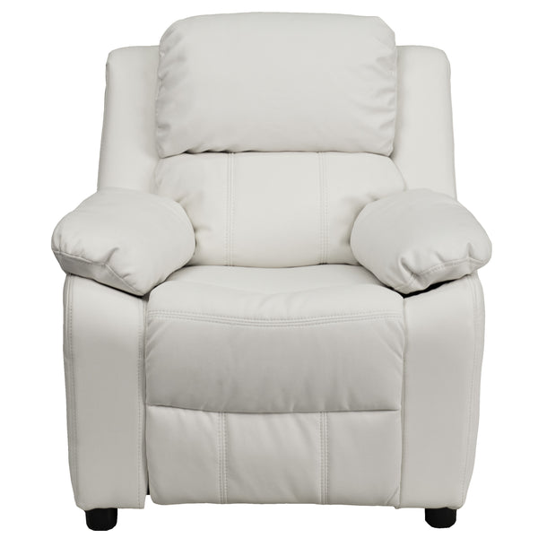 White Vinyl |#| Deluxe Padded Contemporary White Vinyl Kids Recliner with Storage Arms