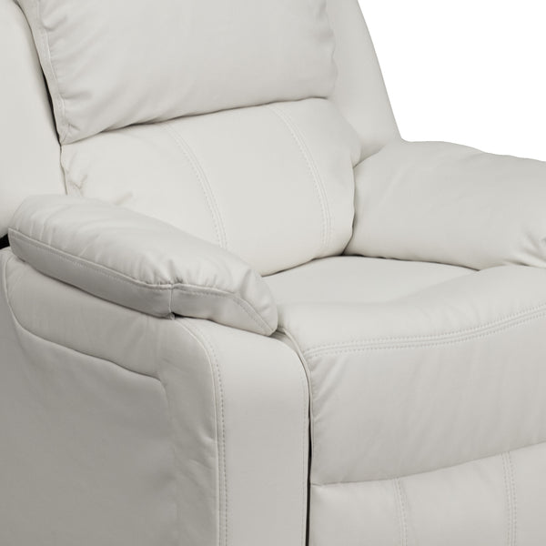 Beige Vinyl |#| Deluxe Padded Contemporary Beige Vinyl Kids Recliner with Storage Arms