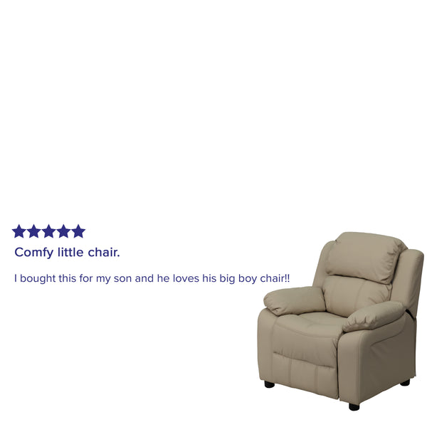 Beige Vinyl |#| Deluxe Padded Contemporary Beige Vinyl Kids Recliner with Storage Arms