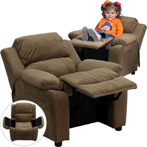 Brown Microfiber |#| Deluxe Padded Contemporary Brown Microfiber Kids Recliner with Storage Arms