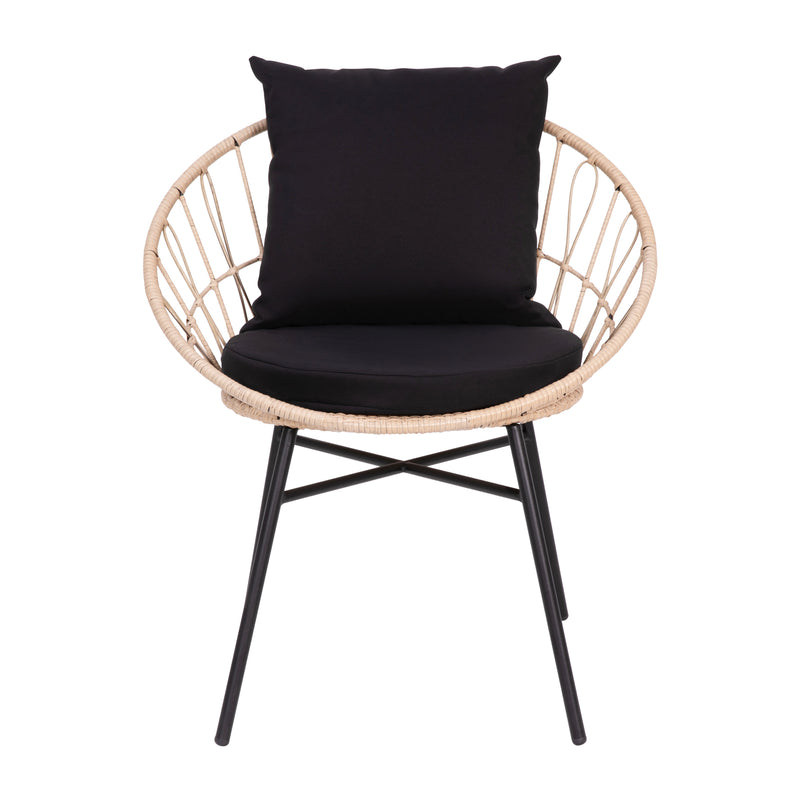 Black Cushions/Tan Frame |#| Indoor/Outdoor Rattan Rope Bistro Set, Glass Top Table & Cushions-Tan/Black