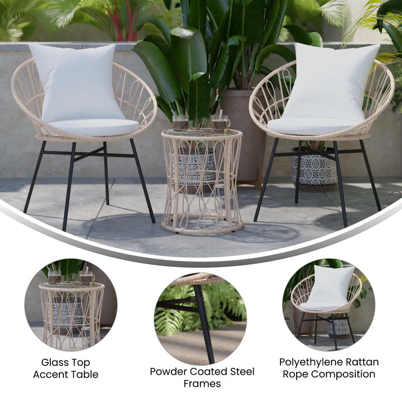 Light Gray Fabric/Tan Frame |#| Indoor/Outdoor Rattan Rope Bistro Set, Glass Top Table & Cushions-Tan/Light Gray