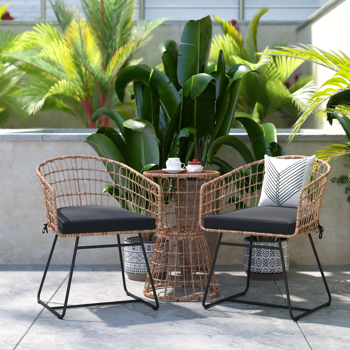Black Cushions/Natural Frame |#| Indoor/Outdoor Natural Boho Rattan Rope Bistro Set with Side Table and Cushions