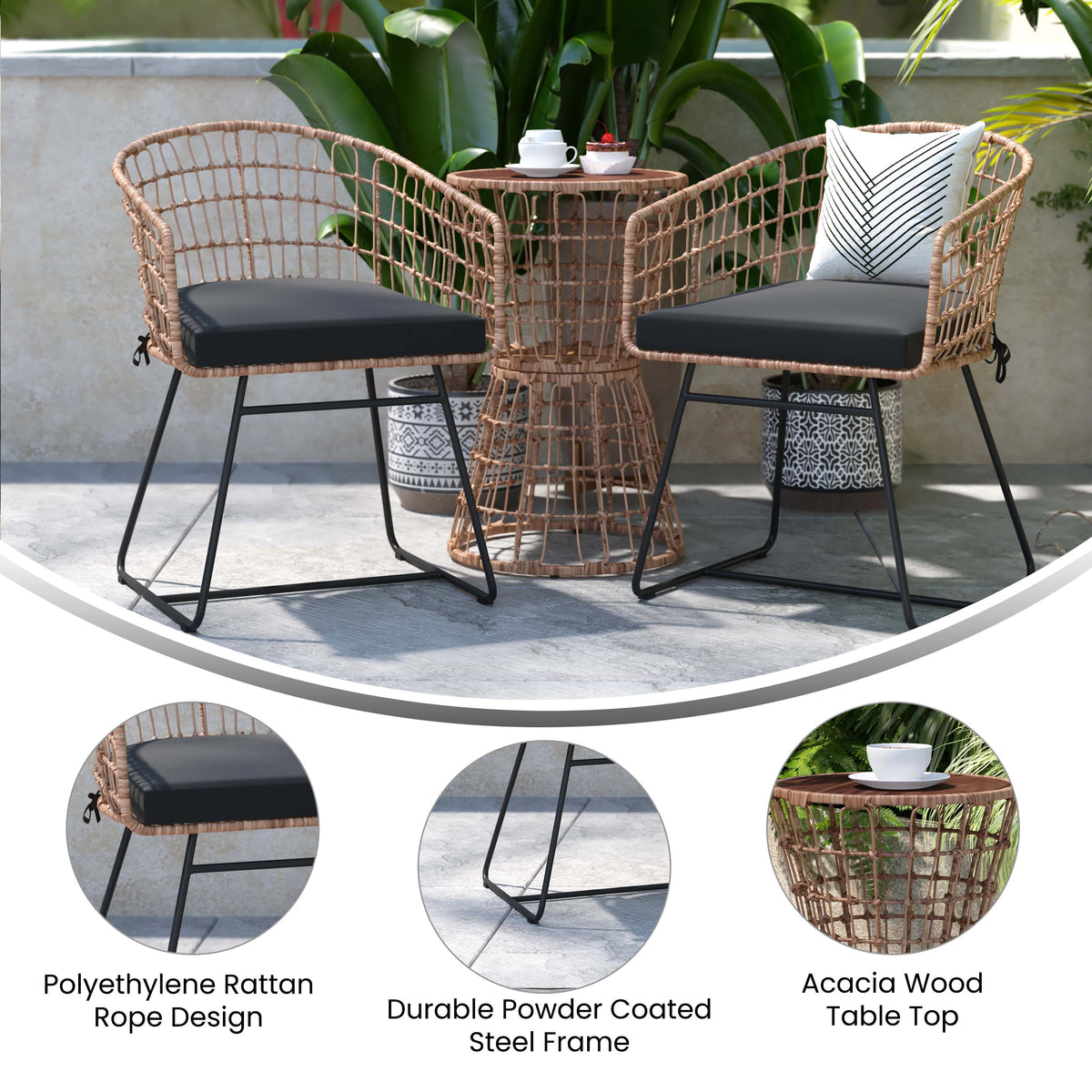 Black Cushions/Natural Frame |#| Indoor/Outdoor Natural Boho Rattan Rope Bistro Set with Side Table and Cushions