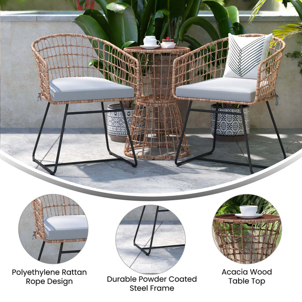 Light Gray Cushions/Natural Frame |#| Indoor/Outdoor Natural Boho Rattan Rope Bistro Set with Side Table and Cushions