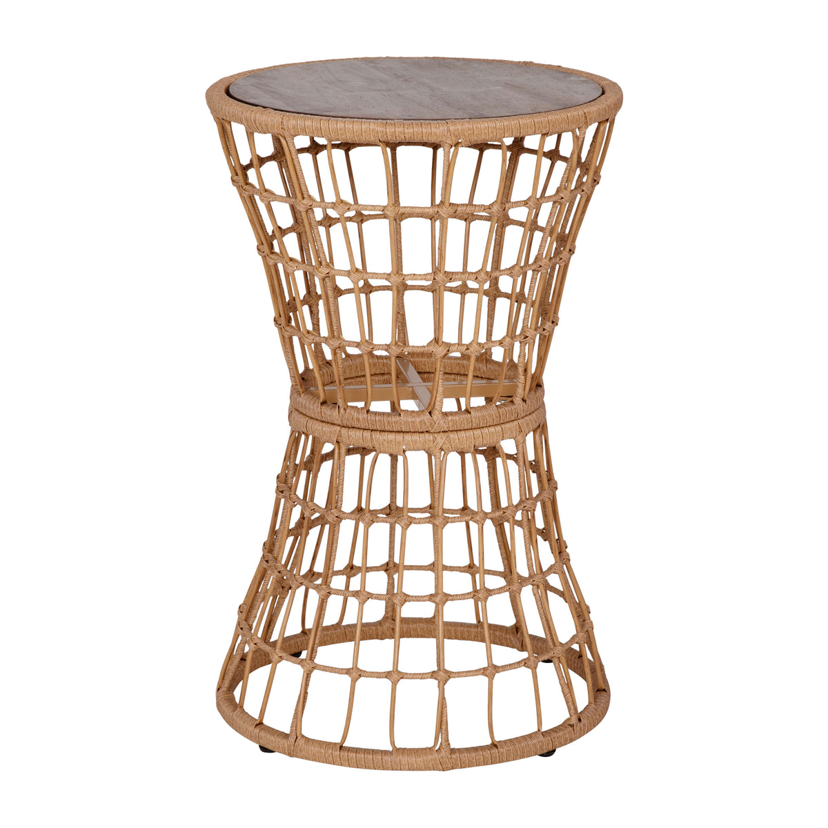 Indoor/Outdoor Natural Boho Rattan Rope Table with Acacia Wood Top