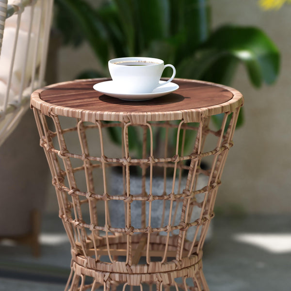 Indoor/Outdoor Natural Boho Rattan Rope Table with Acacia Wood Top