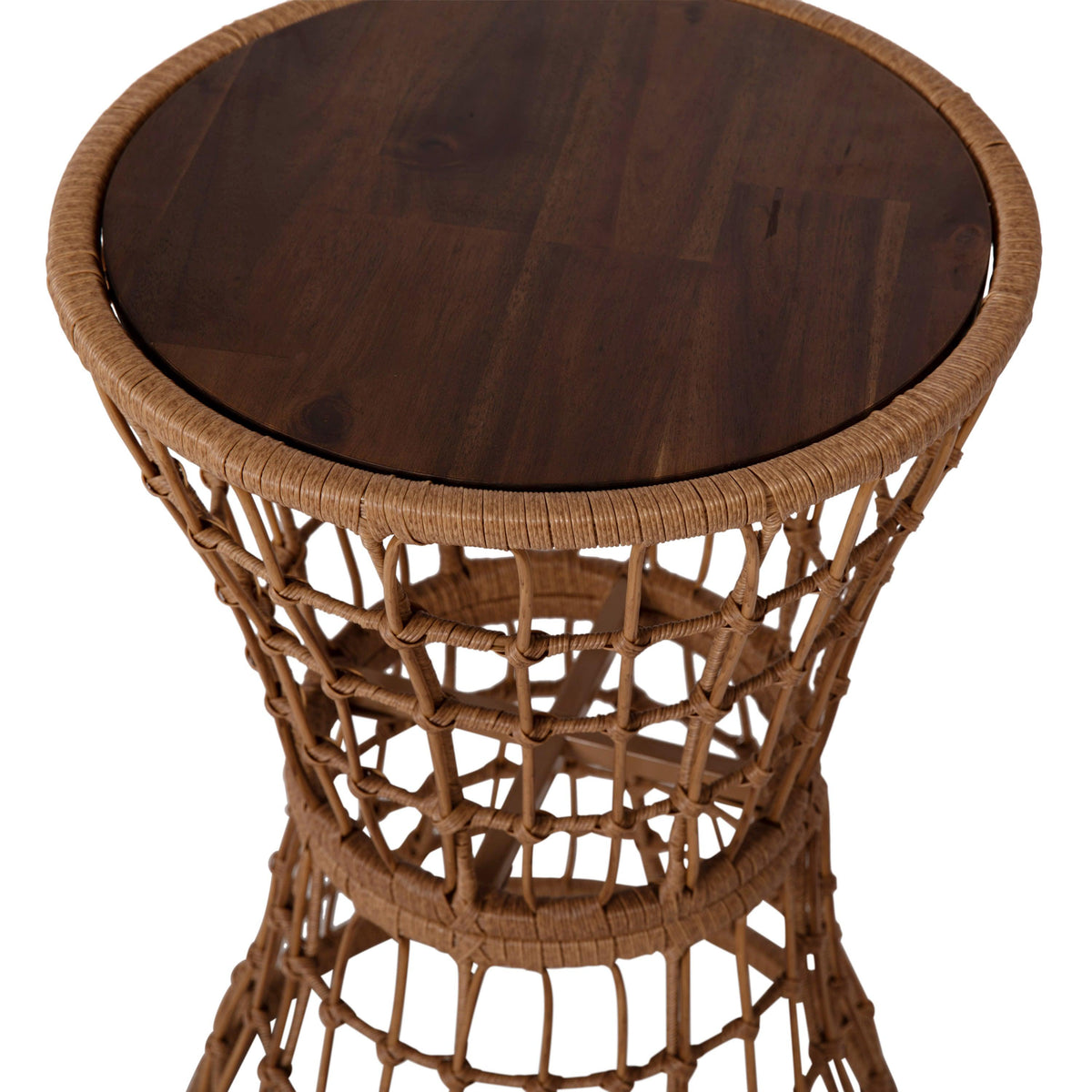 Indoor/Outdoor Natural Boho Rattan Rope Table with Acacia Wood Top