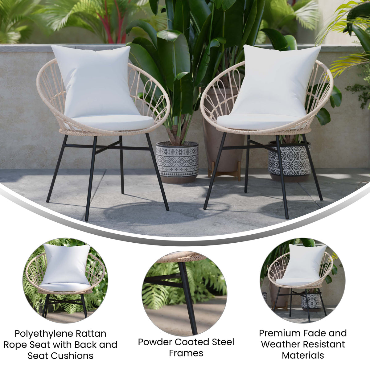 Light Gray Fabric/Tan Frame |#| Indoor/Outdoor Boho Rattan Rope Chairs with Back & Seat Cushions-Tan/Light Gray