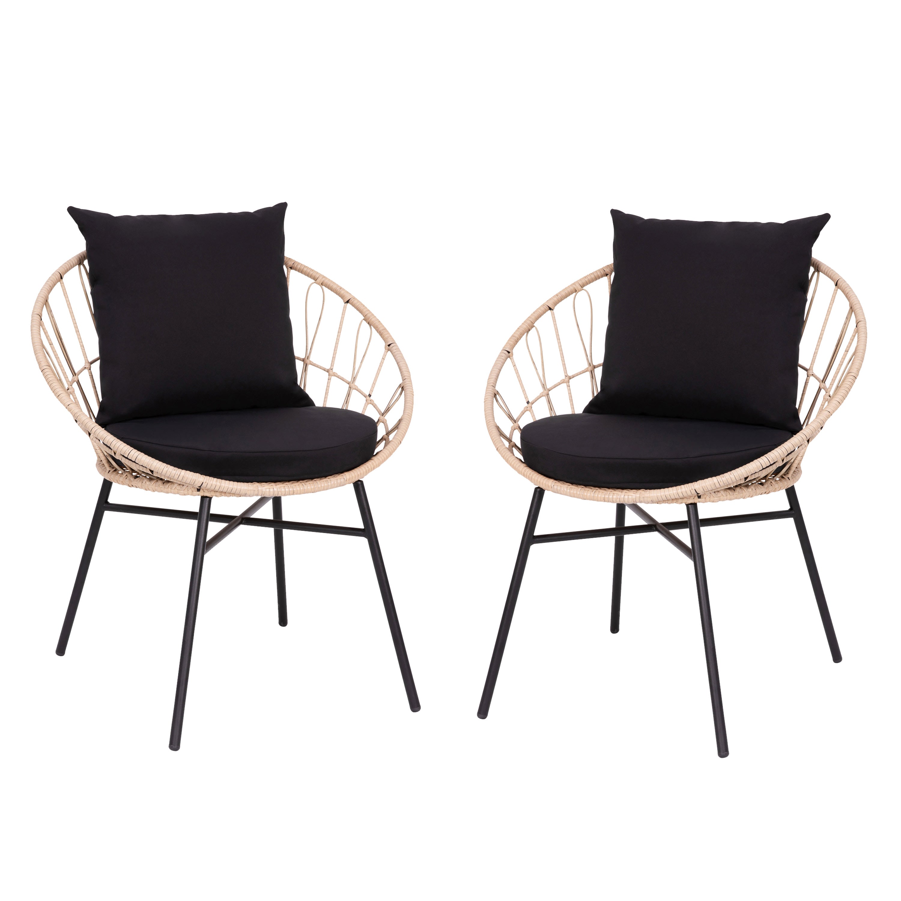 Flash Furniture Devon Indoor & Outdoor Modern Papasan Patio Chairs Rope with Tan Finish PE Wicker Rattan & Black Cushions - Set of 2