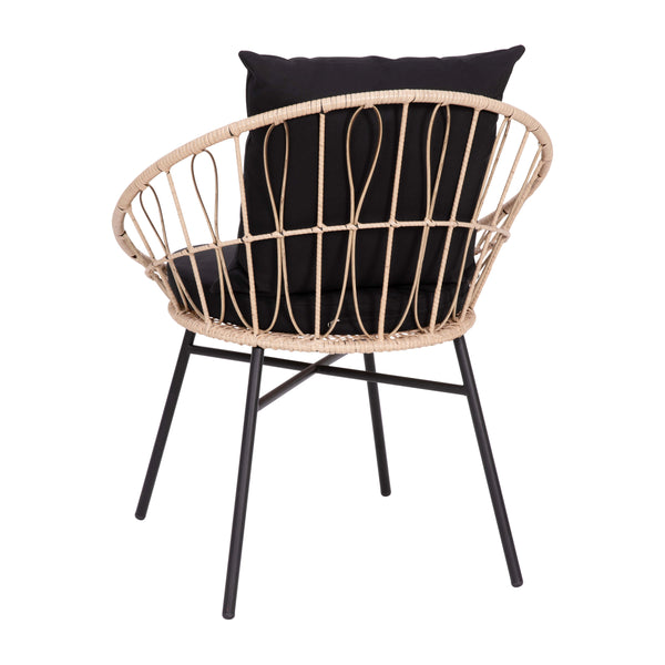 Black Fabric/Tan Frame |#| Indoor/Outdoor Boho Rattan Rope Chairs with Back & Seat Cushions - Tan/Black