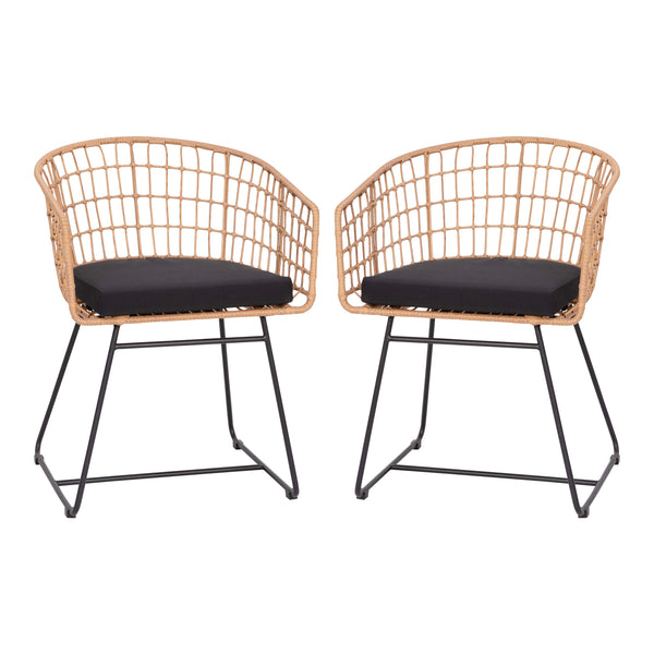 Black Cushion/Natural Frame |#| 2PK Indoor/Outdoor Natural Boho Rattan Rope Club Chairs-Black Seat Cushions