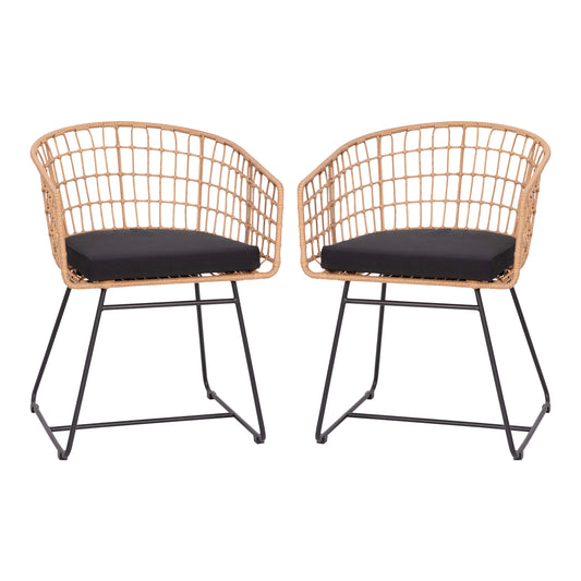 Devon Set of 2 Indoor/Outdoor Patio Boho Club Chairs, Rope with PE Wicker Rattan, Cushions and Sled Base