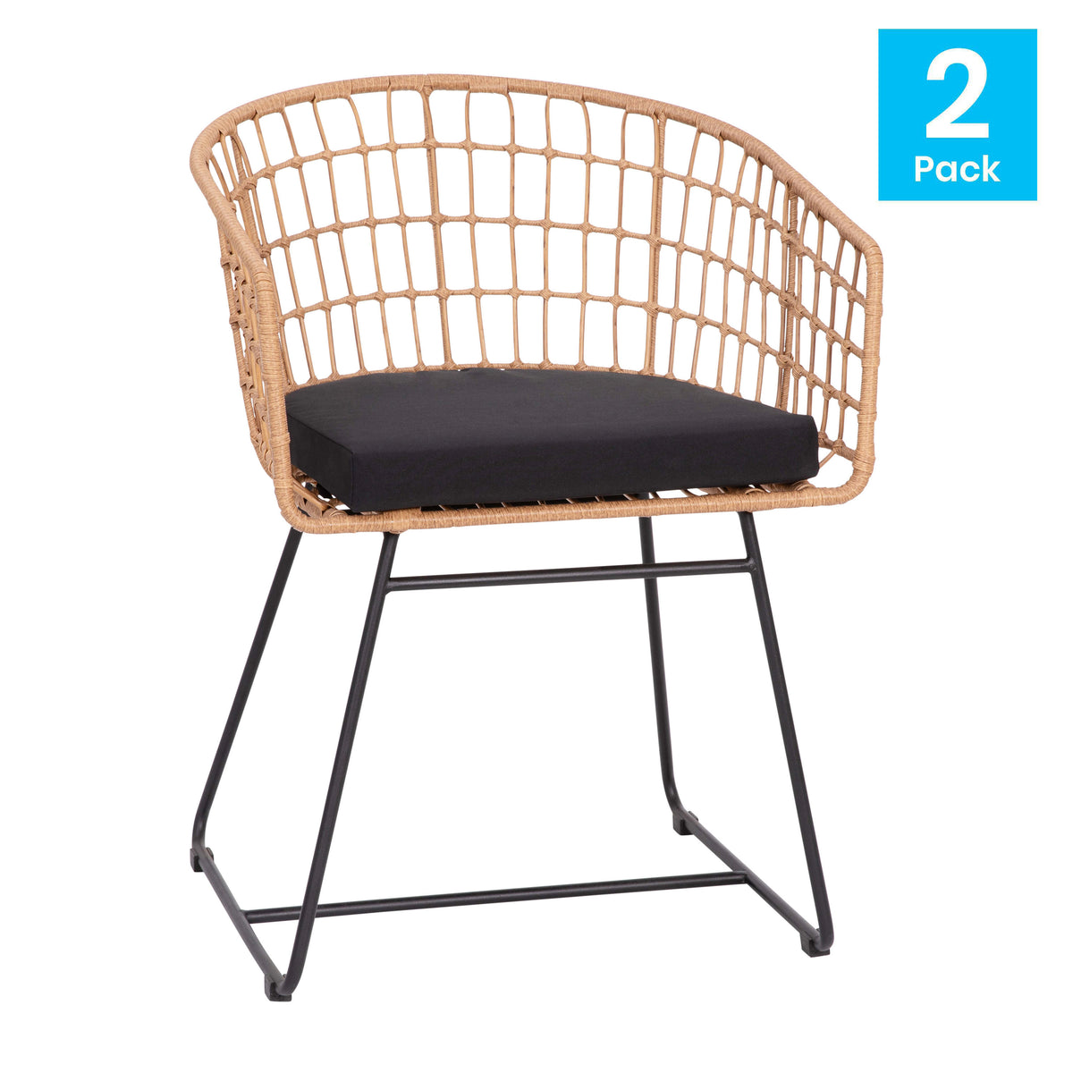 Black Cushion/Natural Frame |#| 2PK Indoor/Outdoor Natural Boho Rattan Rope Club Chairs-Black Seat Cushions