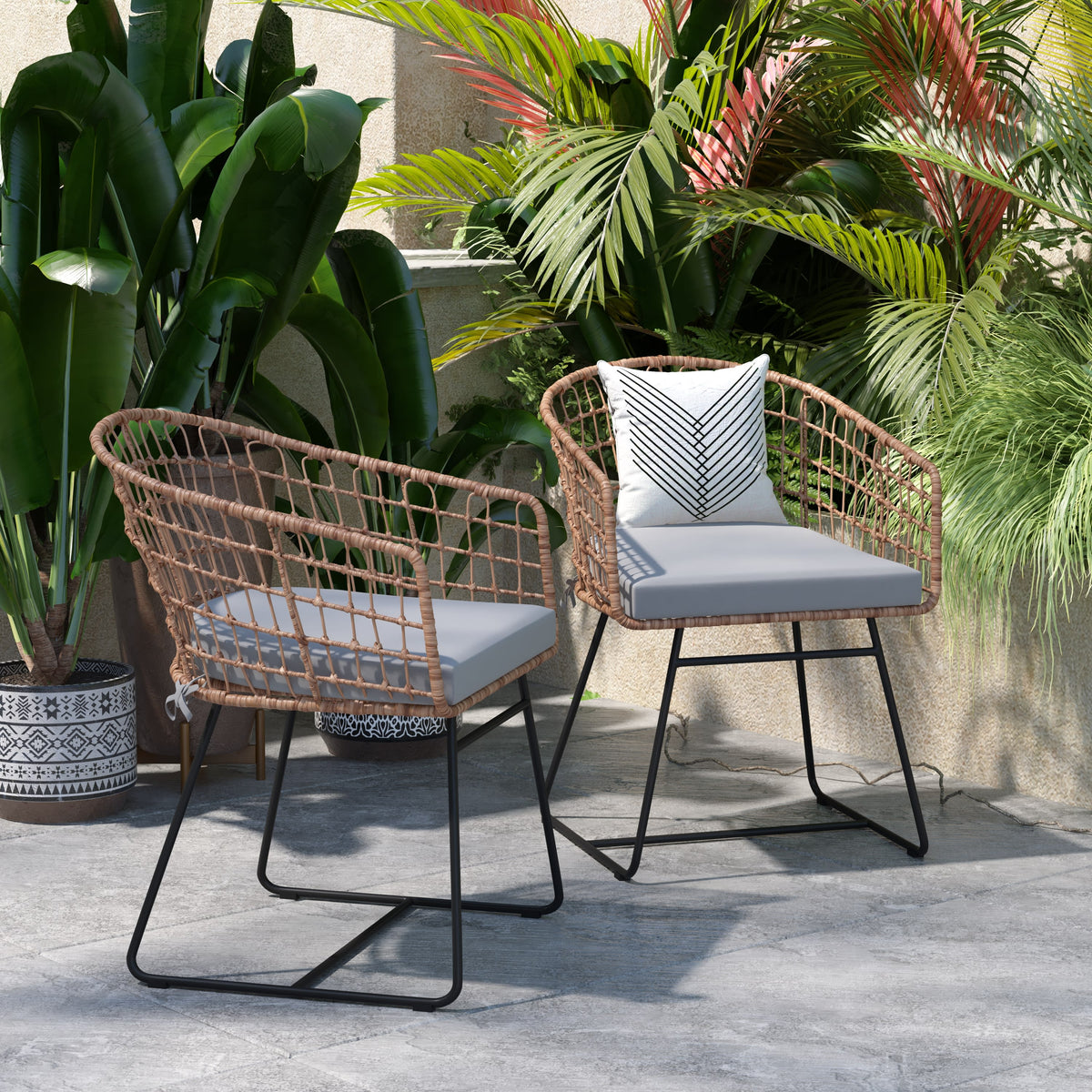 Light Gray Cushion/Natural Frame |#| 2PK Indoor/Outdoor Natural Boho Rattan Rope Club Chairs-Light Gray Seat Cushions