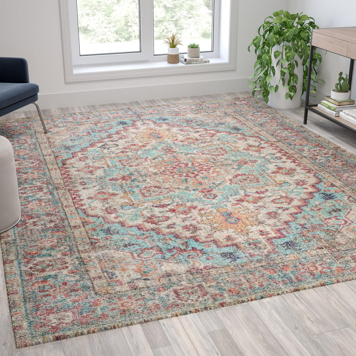 8' x 10' |#| 8' x 10' Indoor Polyester Vintage Medallion Area Rug in Blue Multicolor