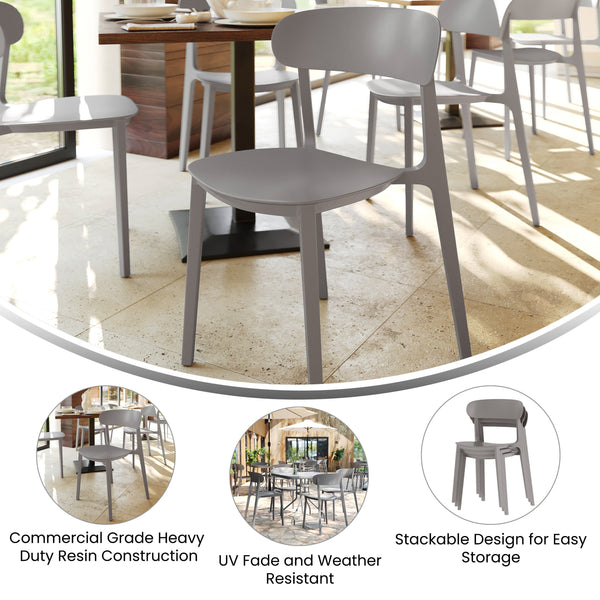 Gray |#| Commercial All-Weather Gray Resin Patio Stack Chair with Contoured Backrest