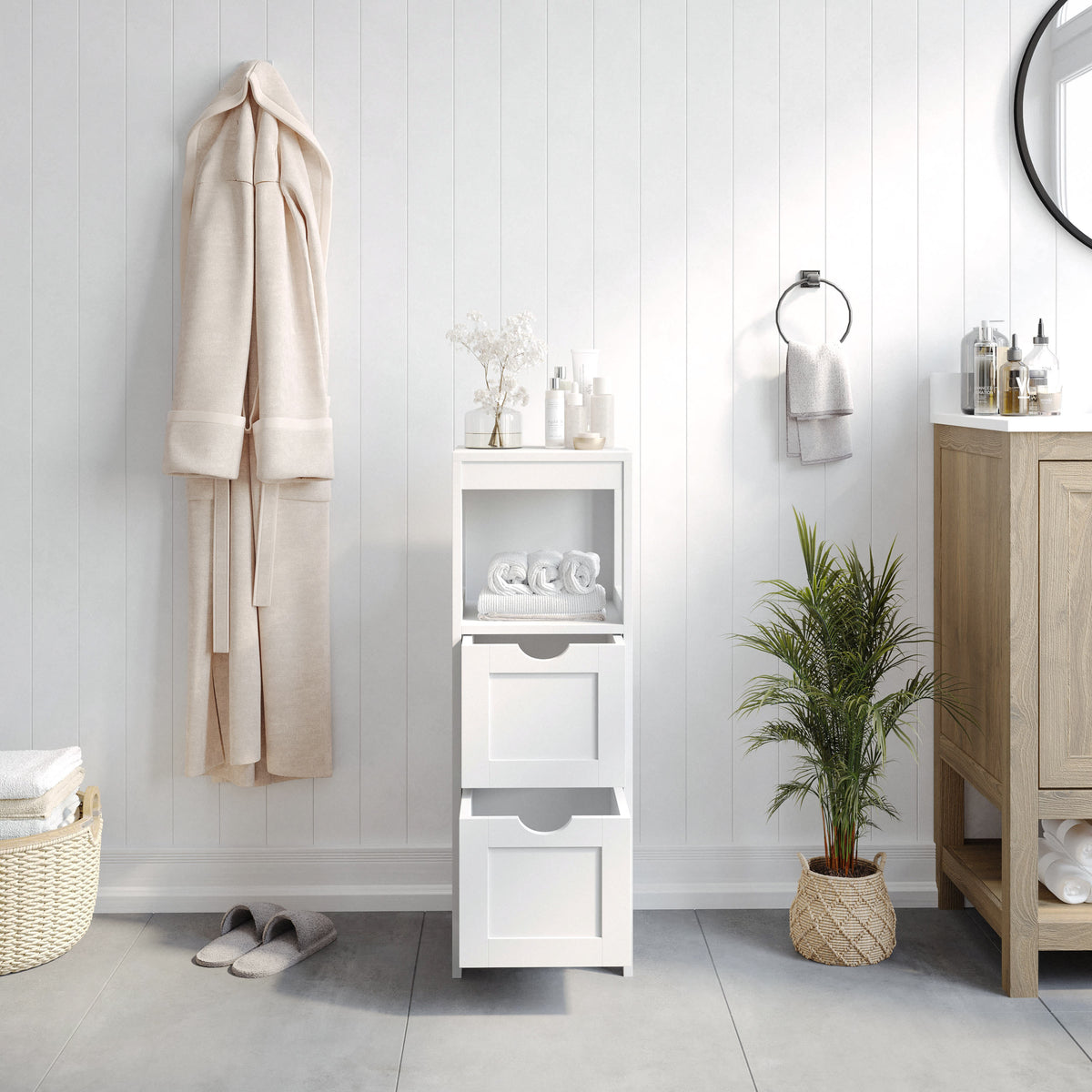 White |#| Farmhouse Bathroom Storage Organizer with 2 Drawers and Open Shelf in White