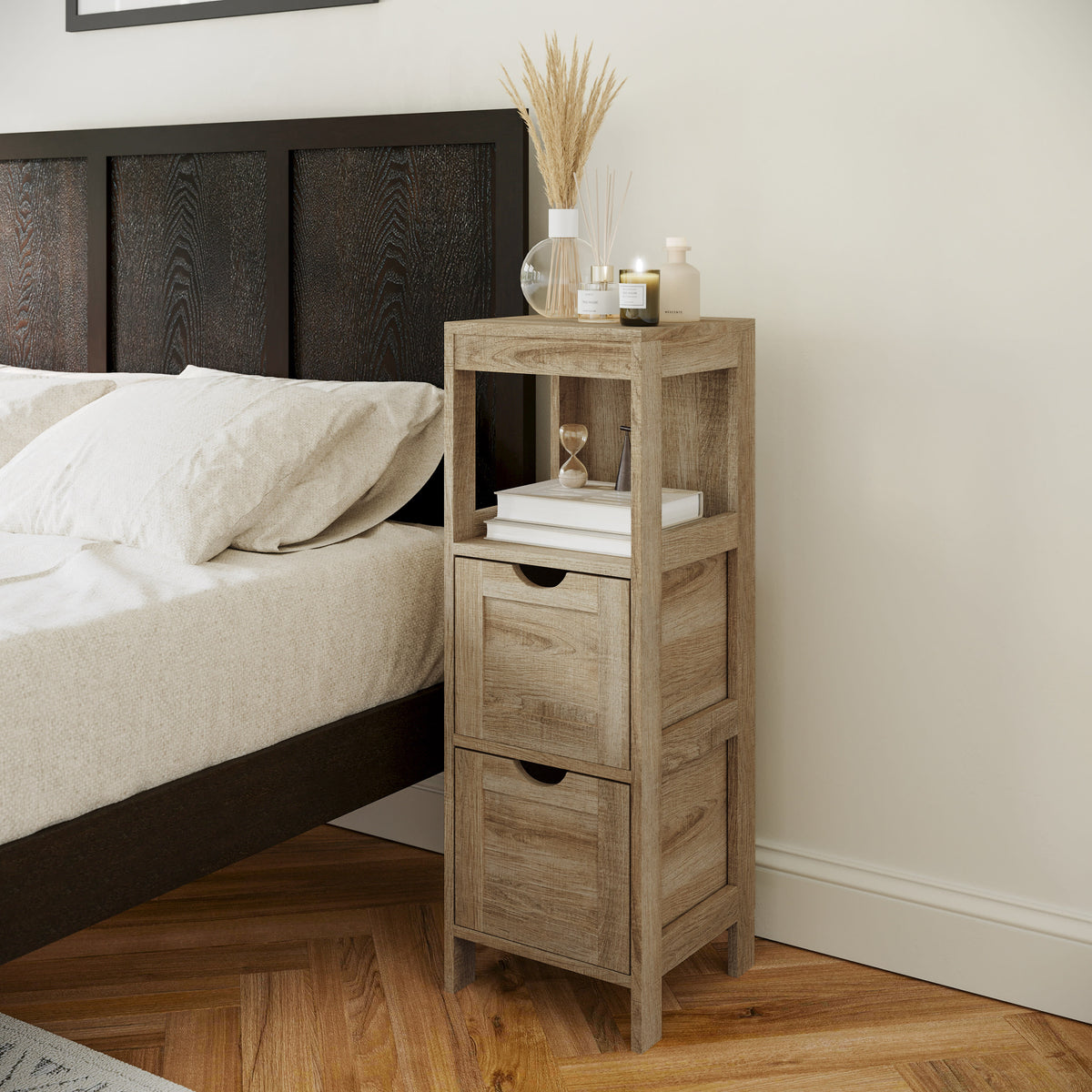 Brown |#| Farmhouse Bathroom Storage Organizer with 2 Drawers and Open Shelf in Brown