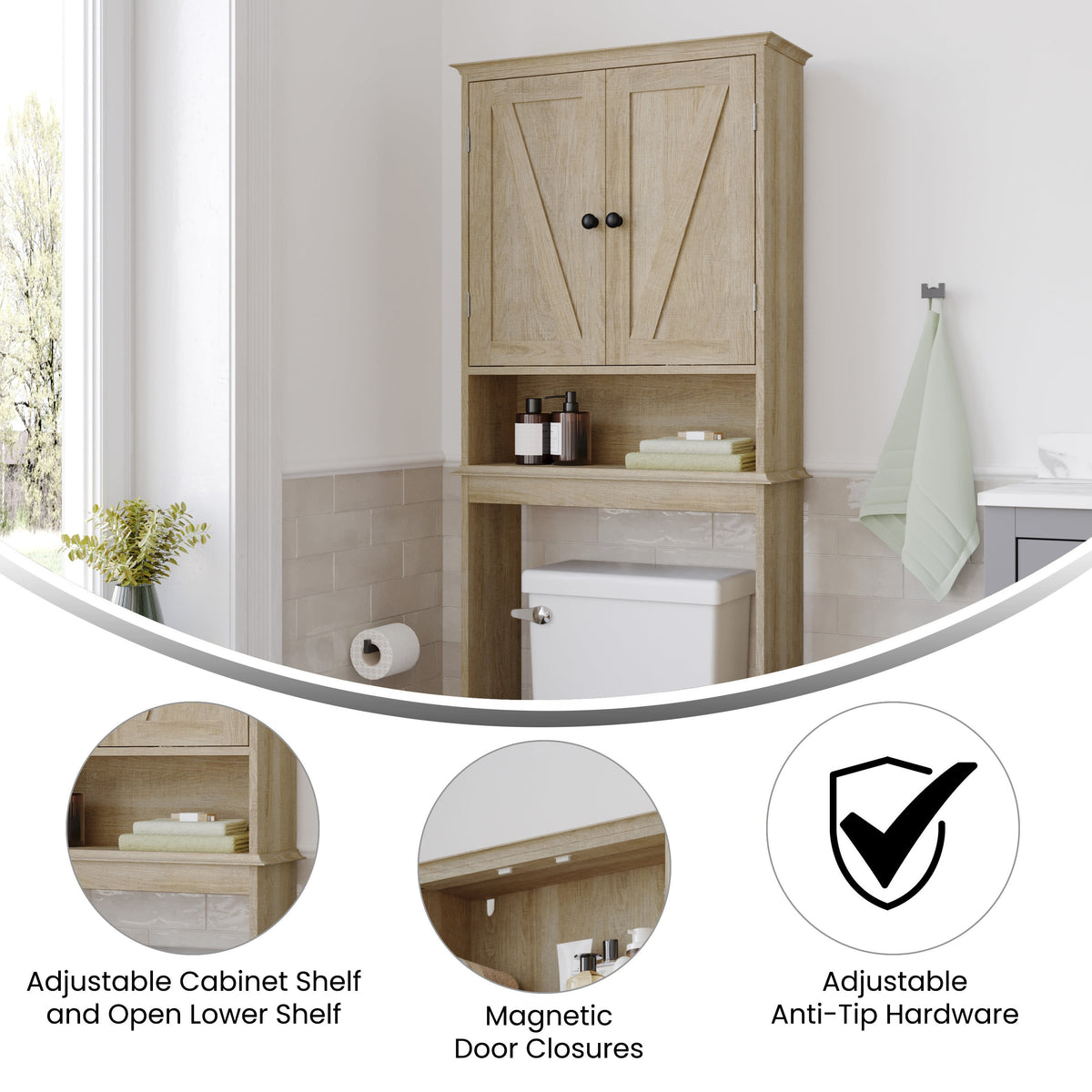 Brown |#| Farmhouse Over the Toilet Cabinet with Shelves and Magnetic Closure Doors-Brown