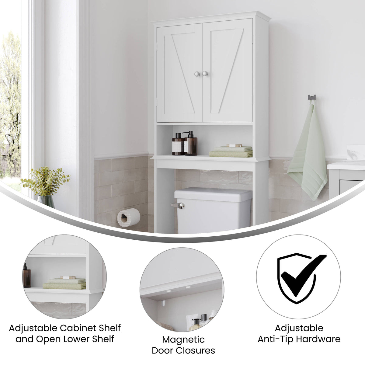White |#| Farmhouse Over the Toilet Cabinet with Shelves and Magnetic Closure Doors-White