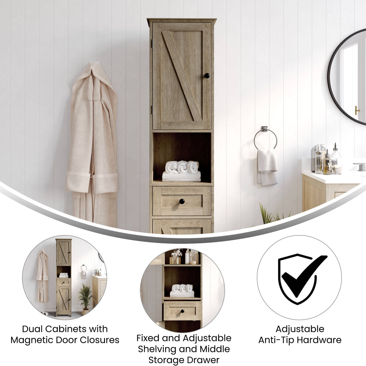 Brown |#| Farmhouse Freestanding Linen Tower with Shelves, Drawer, and Doors - Brown