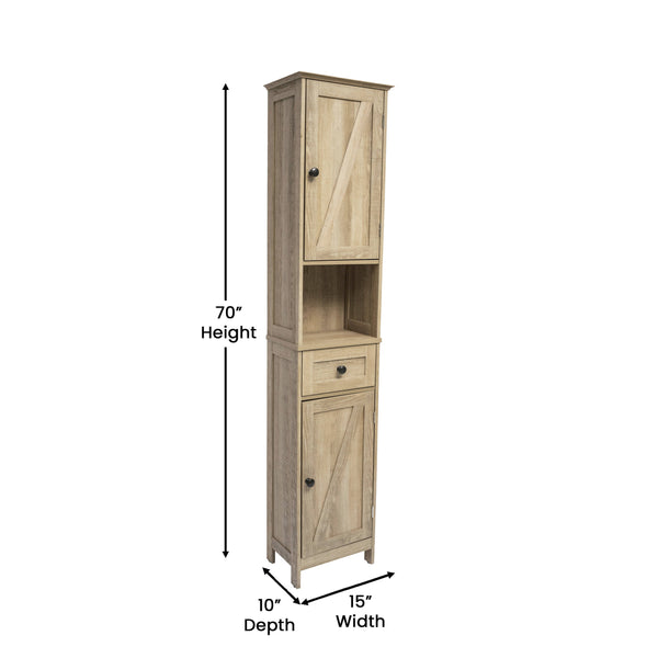 Brown |#| Farmhouse Freestanding Linen Tower with Shelves, Drawer, and Doors - Brown