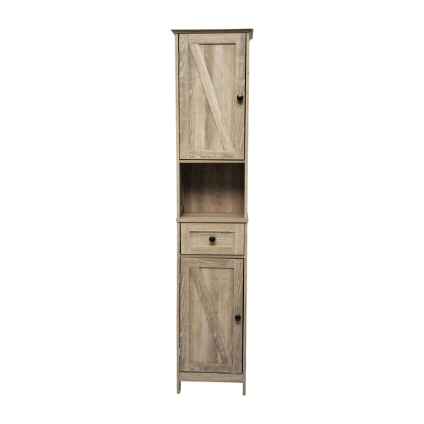 Brown |#| Farmhouse Freestanding Linen Tower with Shelves, Drawer, and Doors - Brown