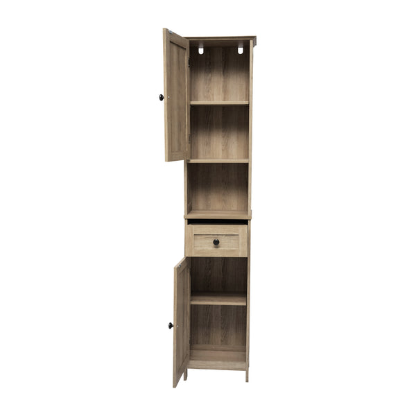 Brown |#| Farmhouse Freestanding Linen Tower with Shelves, Drawer, and Doors - Brown