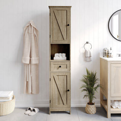 Dune Freestanding Bathroom Linen Tower Storage Cabinet with Magnetic Close Doors, Adjustable Shelves, Open Display Shelf, and Drawer