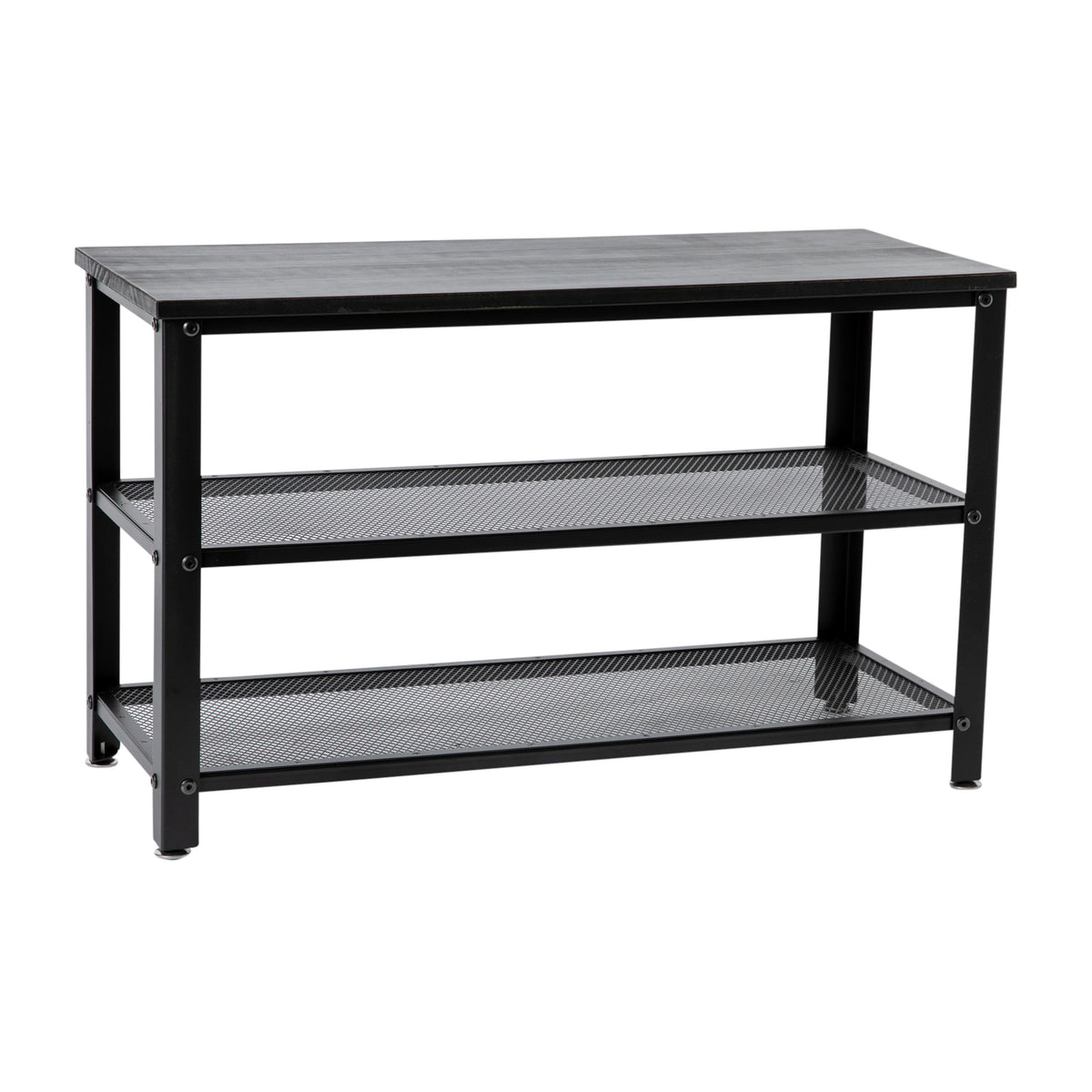 Black Wash |#| 3-Tier Entryway Bench with Mesh Metal Shoe Storage Shelves in Blackwash