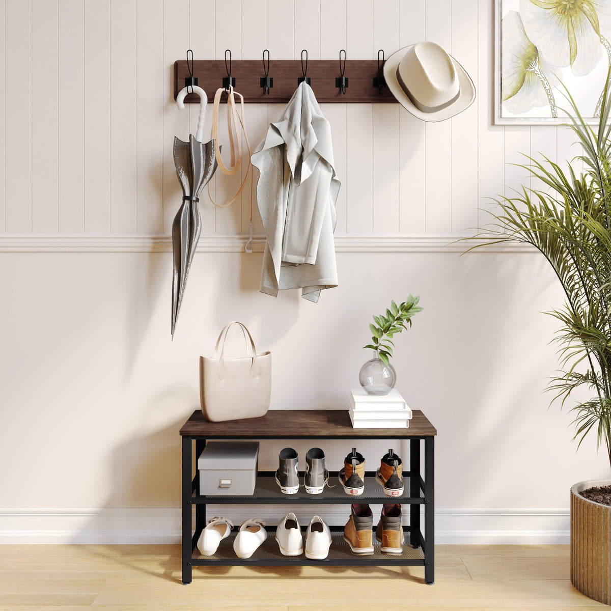 Rustic Brown |#| 3-Tier Entryway Bench with Mesh Metal Shoe Storage Shelves in Rustic Brown