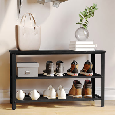 Easton 3-Tier Wooden Entryway Bench with Metal Mesh Shoe Storage Shelves for Entryway, Mudroom, or Bedroom - View 2