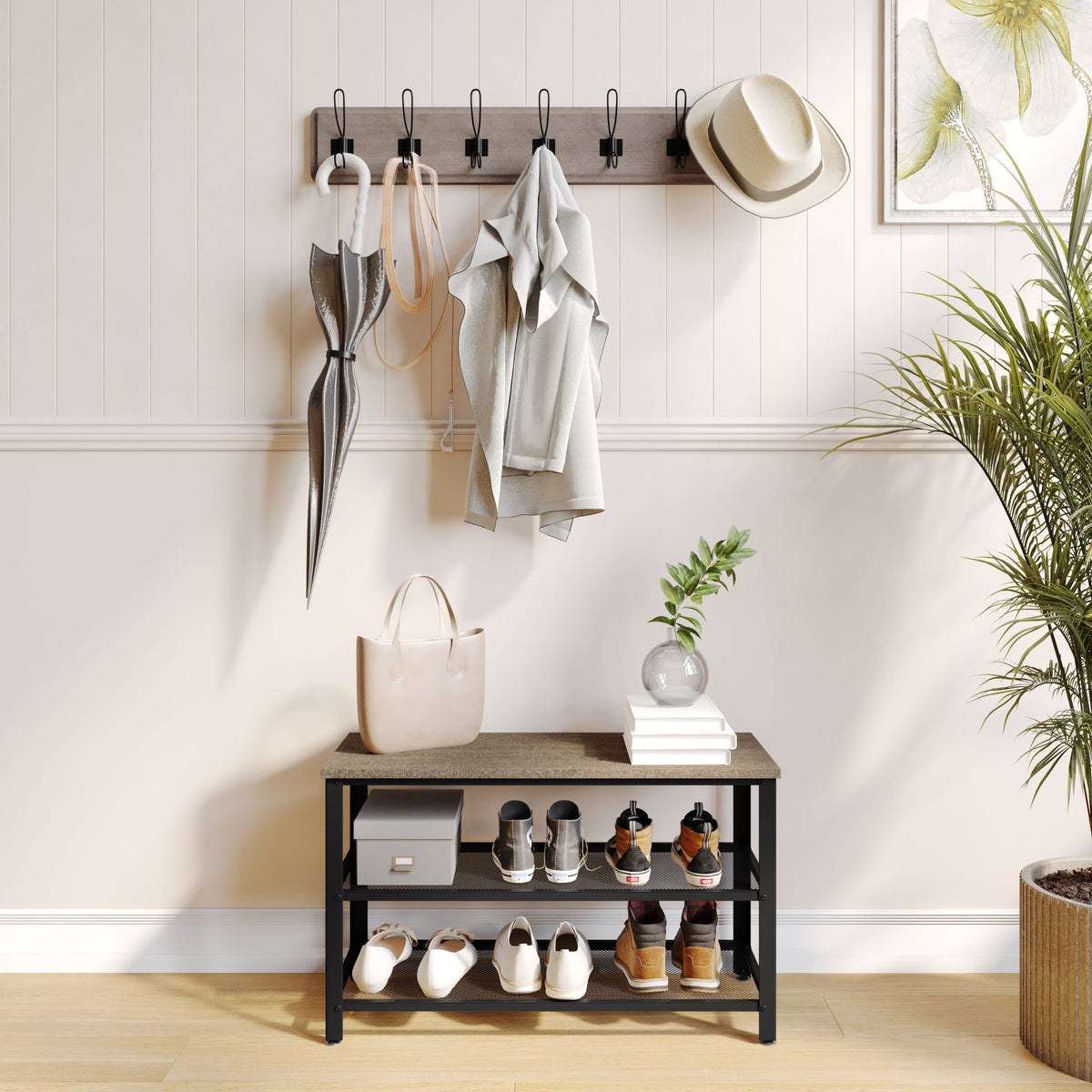 Weathered Brown |#| 3-Tier Entryway Bench with Mesh Metal Shoe Storage Shelves in Weathered Wood